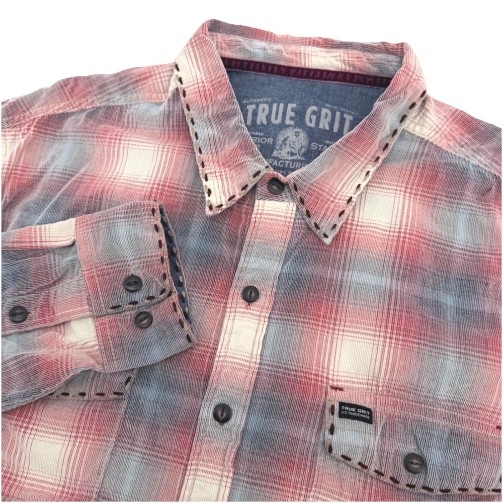 True Grit Shirt Mens XL Red Plaid Lux Corduroy Blanket Stitch Casual Western
